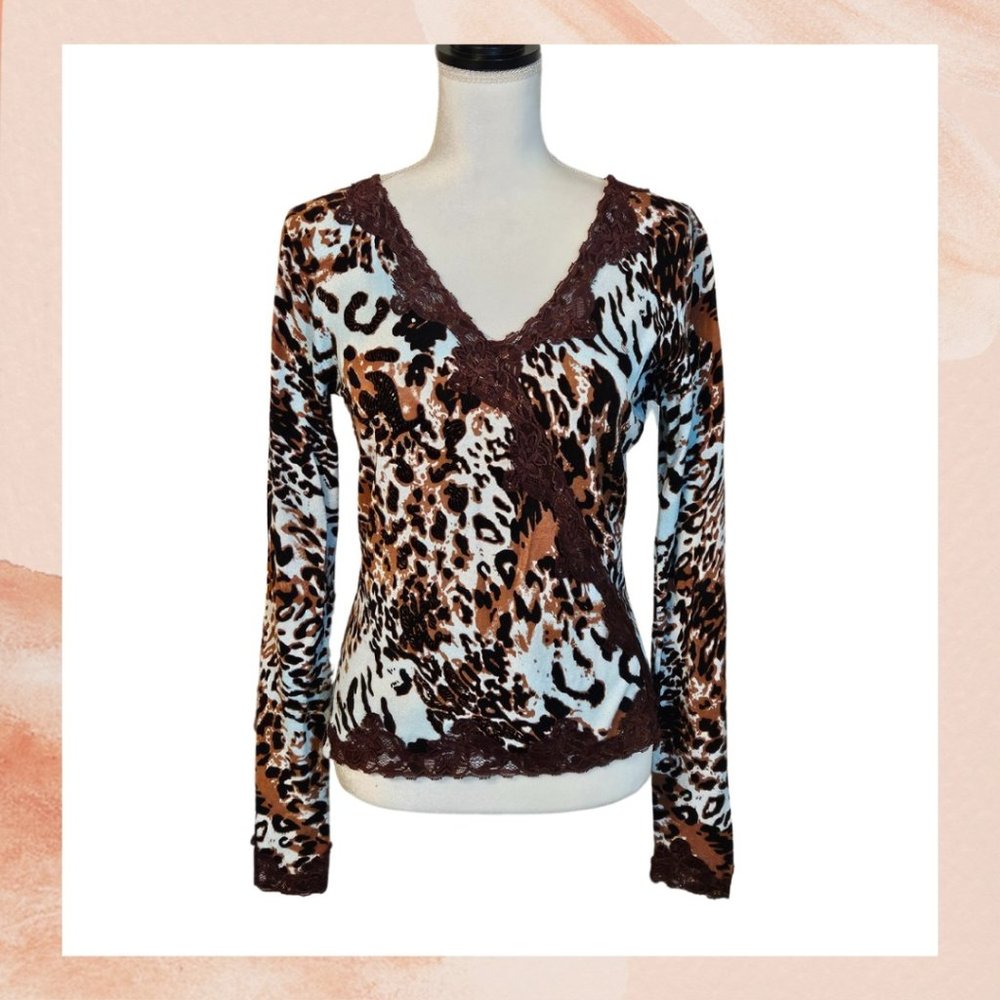 Blue Brown Leopard Print Lace Trim Knit Long Sleeve Shirt